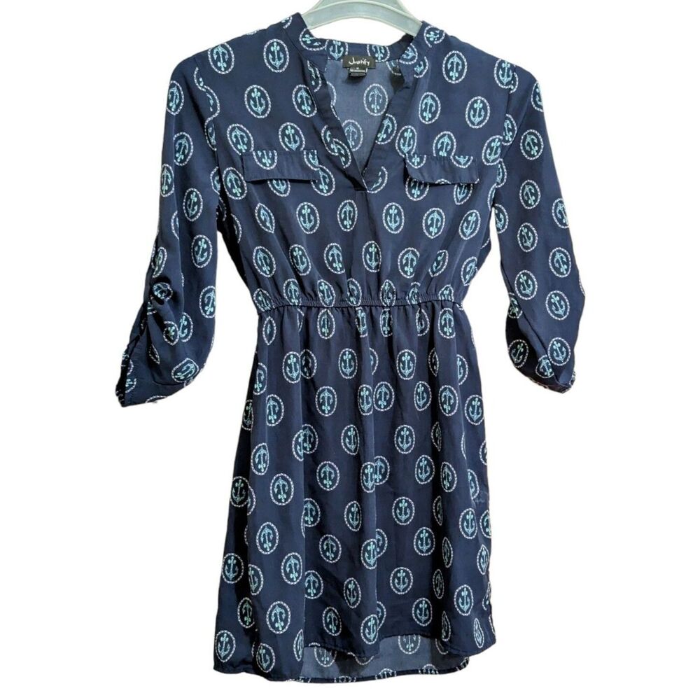 Justify Women's Medium 3/4 Sleeve Dress Blue With Aqua Anchor White Circle EUC